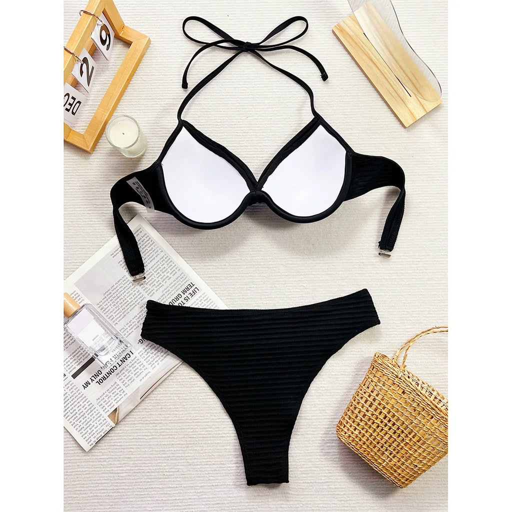 Wrinkled Halter Underwired Bikini Women Swimwear Female Swimsuit Two-pieces Bikini set Mid Waist Bather Bathing Suit Swim V5440