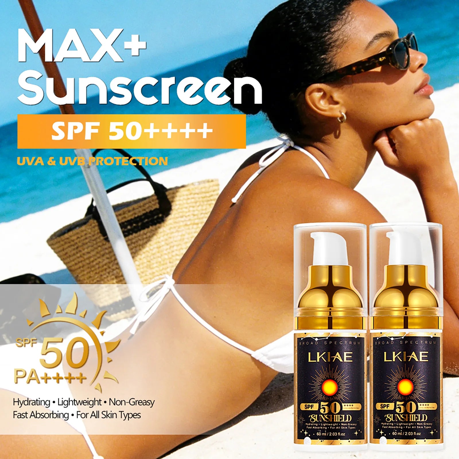 LKIAE Sunscreen, Broad Spectrum SPF 50, UVA/UVB, Lightweight & Non-Greasy, Sunblock, for Face, Body, Non-Comedogenic, 60ml