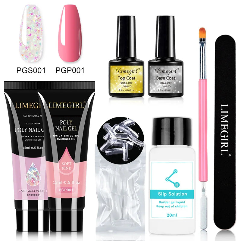LIMEGIRL Nail Art Kit Poly Nail Gel Extending Soaking Gel Kit Nail Art Acrylic Gel Varnish Kit For Novices Semi Permanent Gel So