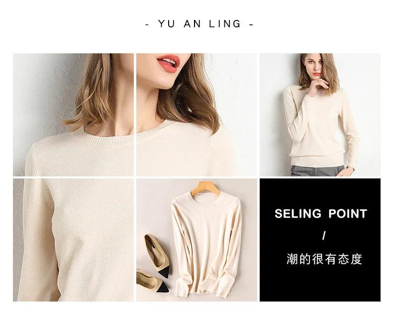 Women Slim O-Neck Pullover Cashmere Wool Blending Sweater Autumn And Winter Long-Sleeved Knit Bottoming Shirt Large Size 2024