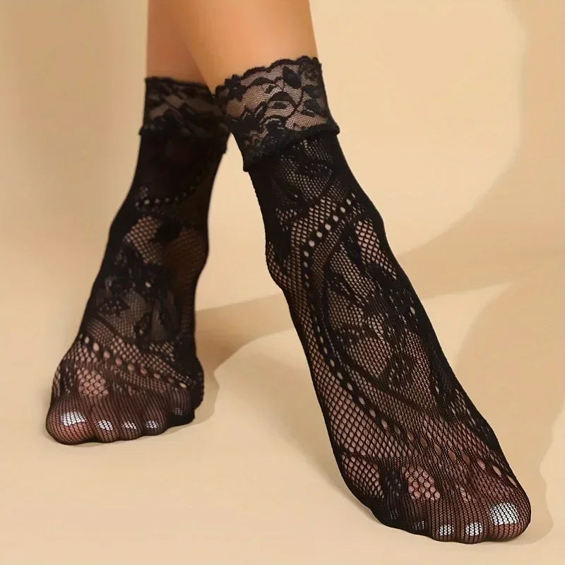 5 Pairs Floral Lace Socks Thin Breathable Short Socks Summer Mesh Lolita Fishing Net Women's Stockings Hosiery
