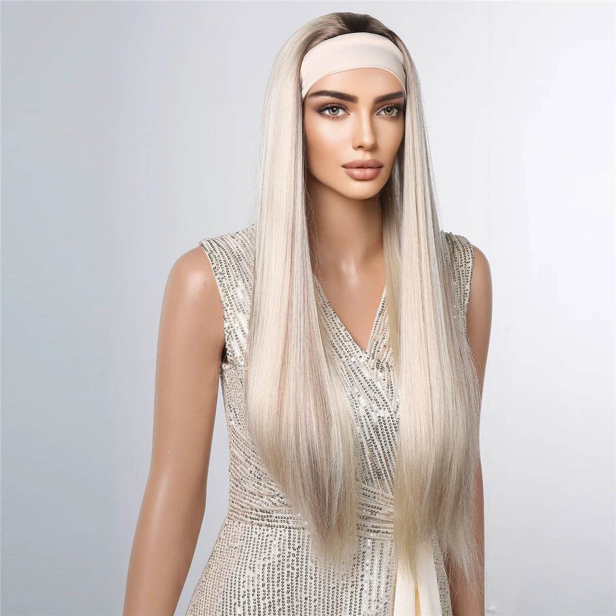 ALAN EATON Long Blonde Synthetic Headband Wig Ombre Blonde Straight Hair Wigs Natural Looking Heat Resistant Fiber for Daily Use