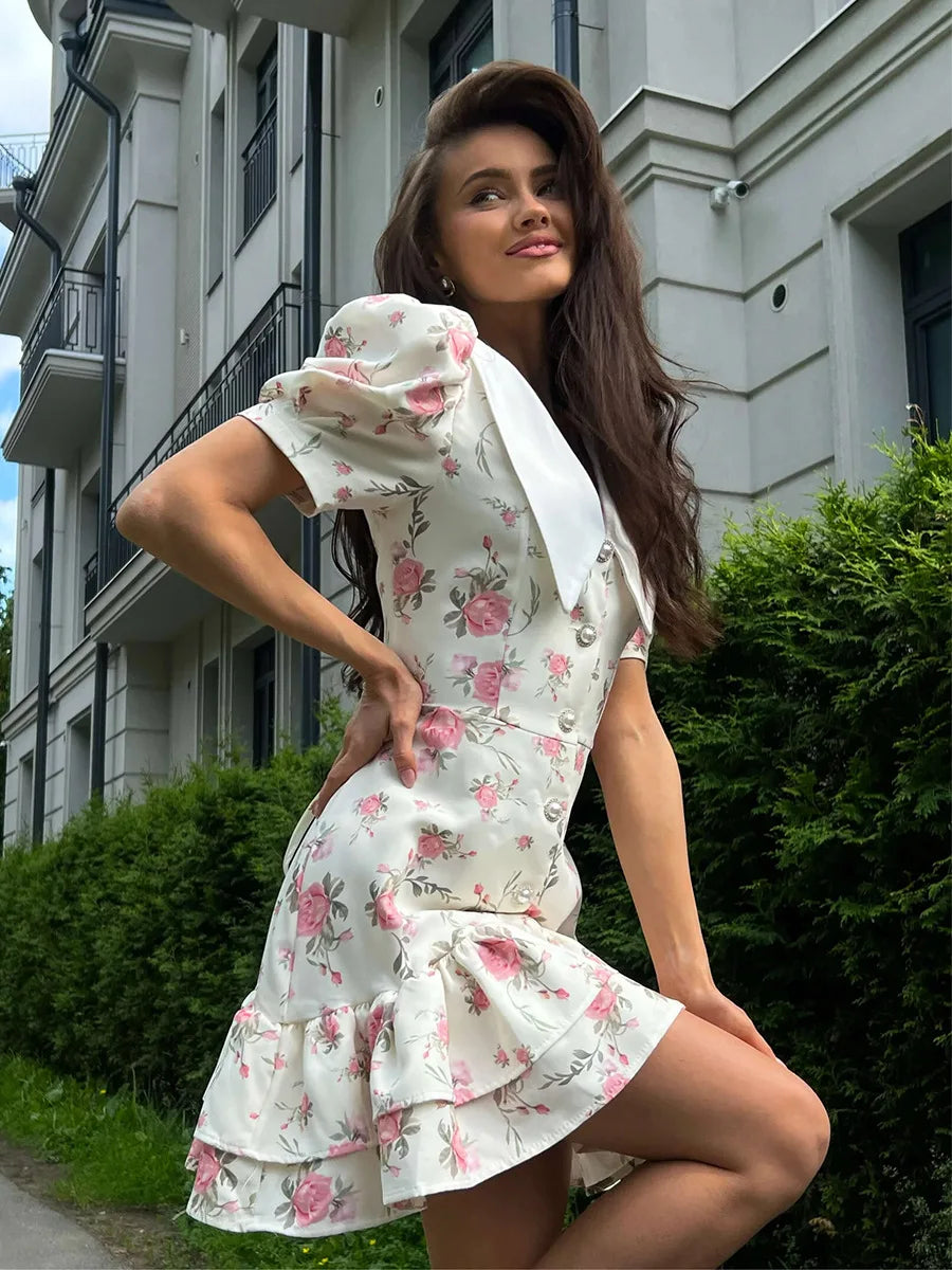 Tossy Printed Lapel Fashion Mini Dress Women's Short Sleeve Patchwork Contrast Elegant Summer Dress 2025 Female Bodycon Dress