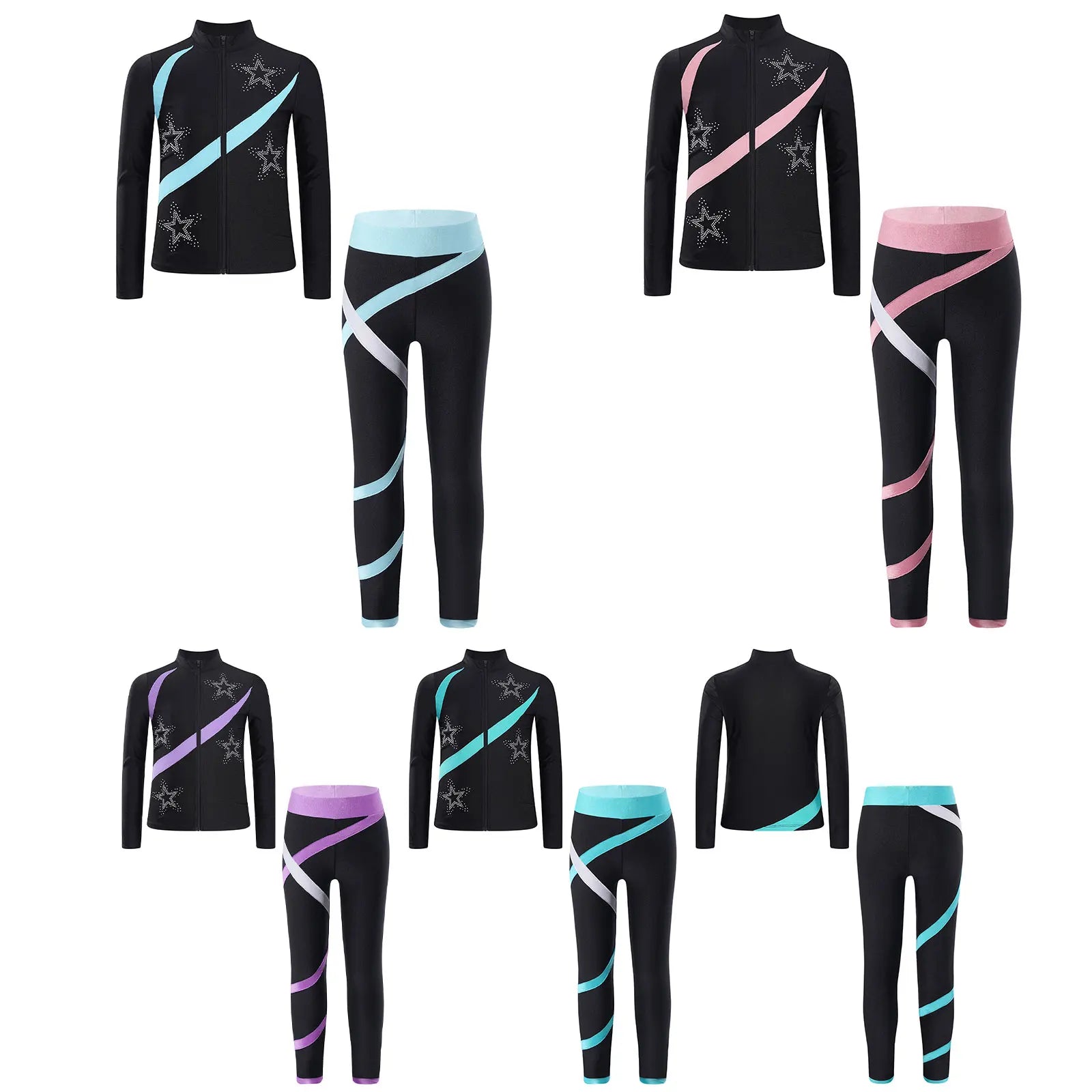 Kids Girls Sports Set Long Sleeve Zipper Sweatshirt with Leggings Children's Sport Suits for Workout Skating Gymnastics Outfits