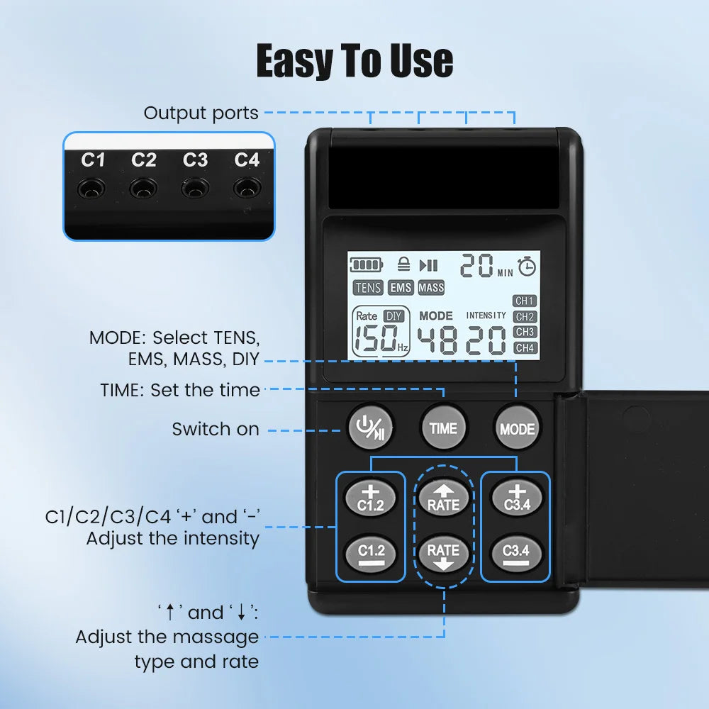 Digital TENS EMS Unit 4-Channel Tens Electrostimulator Rechargeable Muscle Stimulator with 20 Intensity Levels for  Pain Relief