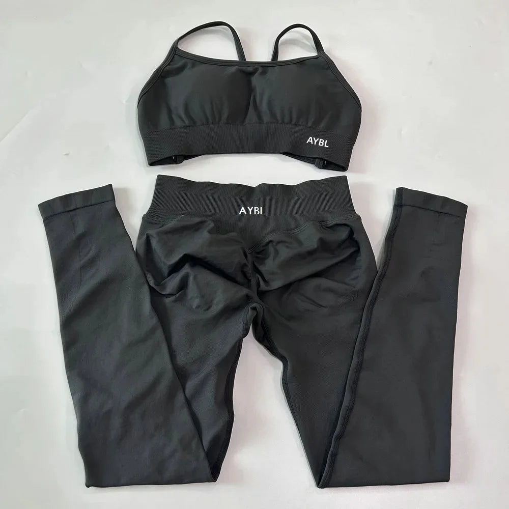 AYBL Yoga Set Seamless Yoga Set 2 Pieces Women Workout Set Scrunch Leggings Backless Sports Bra Fitness Top Gym Pants Clothes