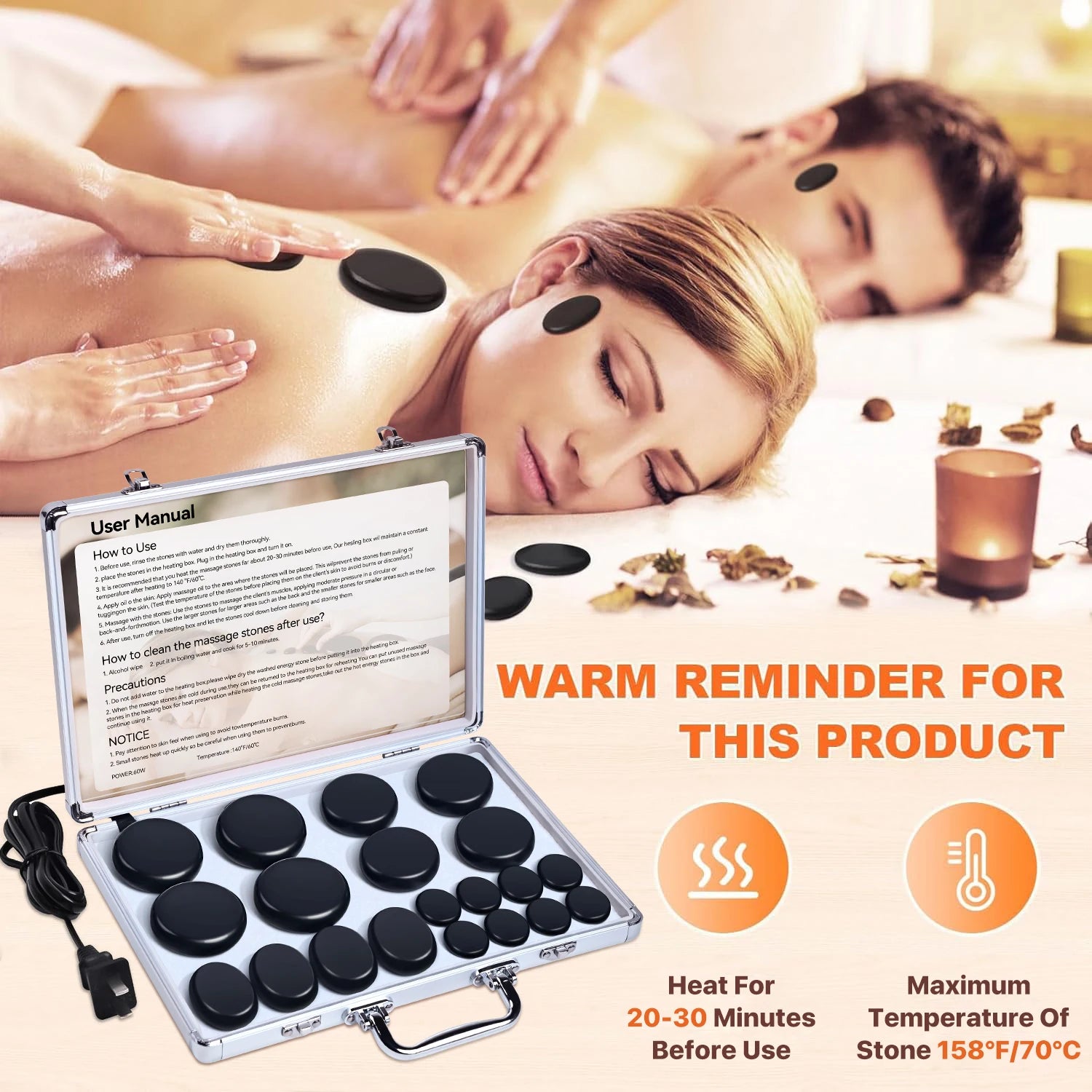 HOT STONE MASSAGE SET - Professional Spa Massage Tools - For Neck, Back, Abdomen, Legs & Full Body Massage