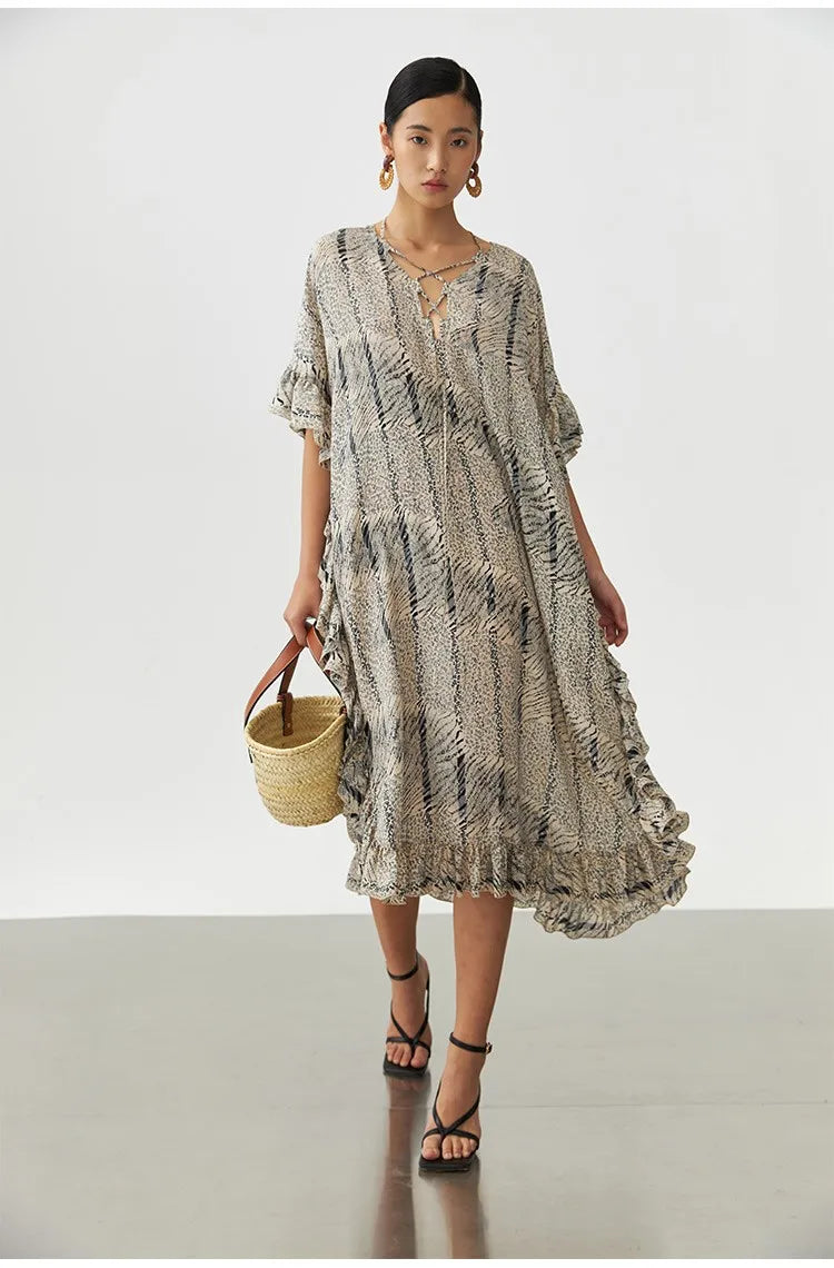 Animal Fiber Fabric~ Casual Dress for Women, Ruffled Silk Dress, Designer Niche Silk Long Dress, New Women's Fashion