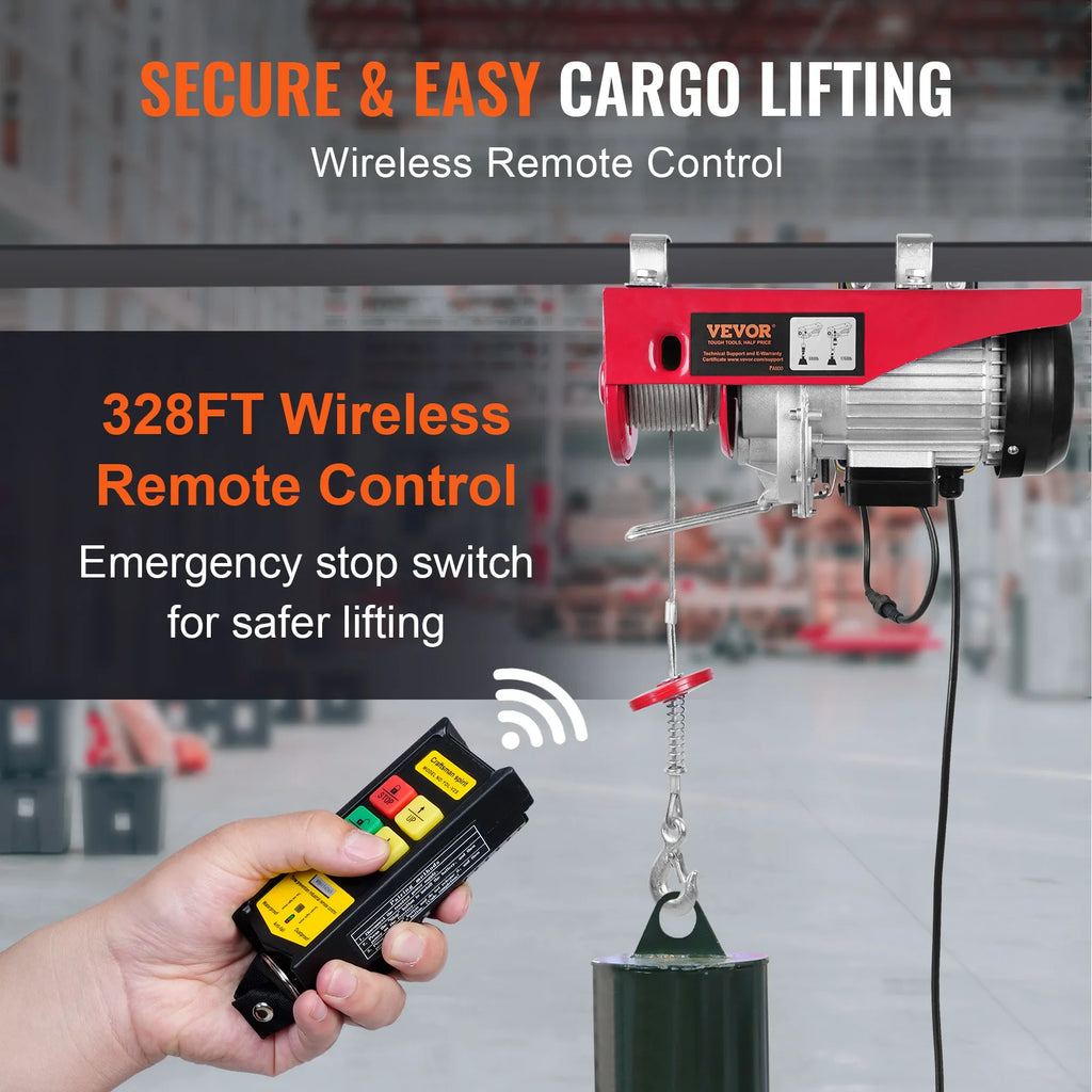 VEVOR 1320/1760/2200 lbs Electric Cable Hoist Winch with Wireless Remote Control & Emergency Stop for Garage Warehouse Lifting