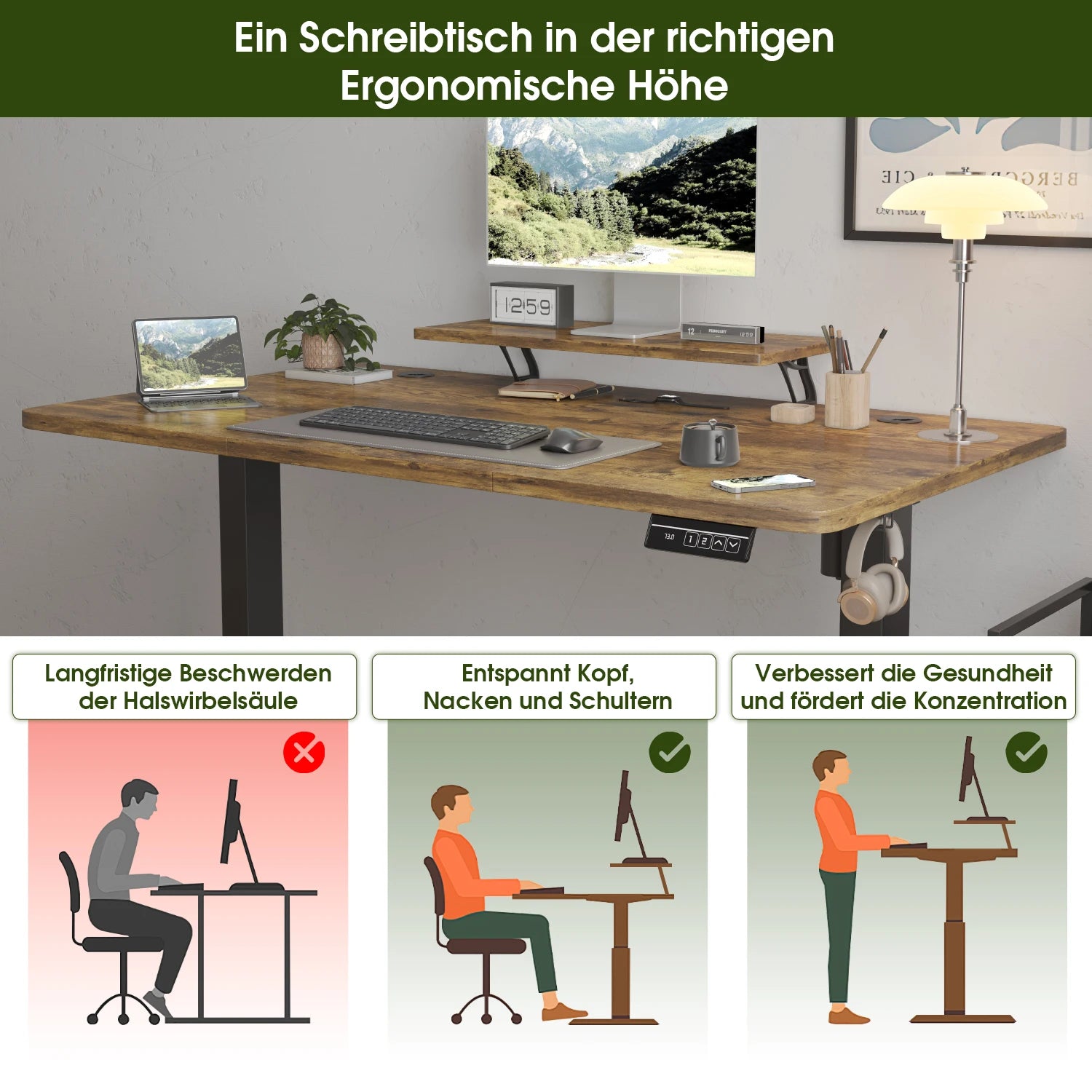 Devoko Height Adjustable desk Electric 120 × 60cm with Monitor Stand Ergonomic Seat Standing Desk (White)