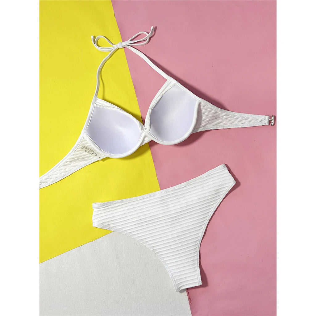 Wrinkled Halter Underwired Bikini Women Swimwear Female Swimsuit Two-pieces Bikini set Mid Waist Bather Bathing Suit Swim V5440
