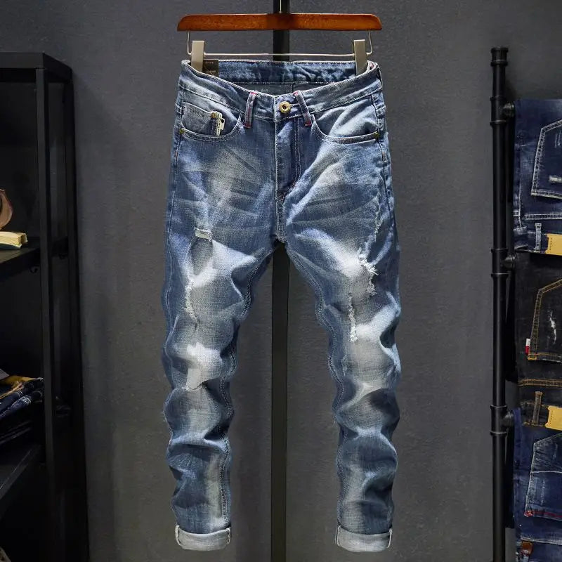 American Elastic Straight Jeans Men Ripped Worn-out Slim-fit Cotton Denim Pants Korean Style Fashion Blue Black Men's Clothing