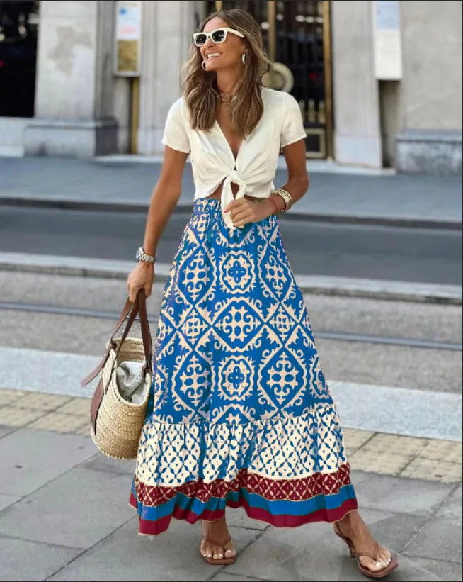 Women's Elastic Waist Printed Large Swing Skirt, Boho Spliced Midi Skirt, Suitable for Beach and Daily Wear