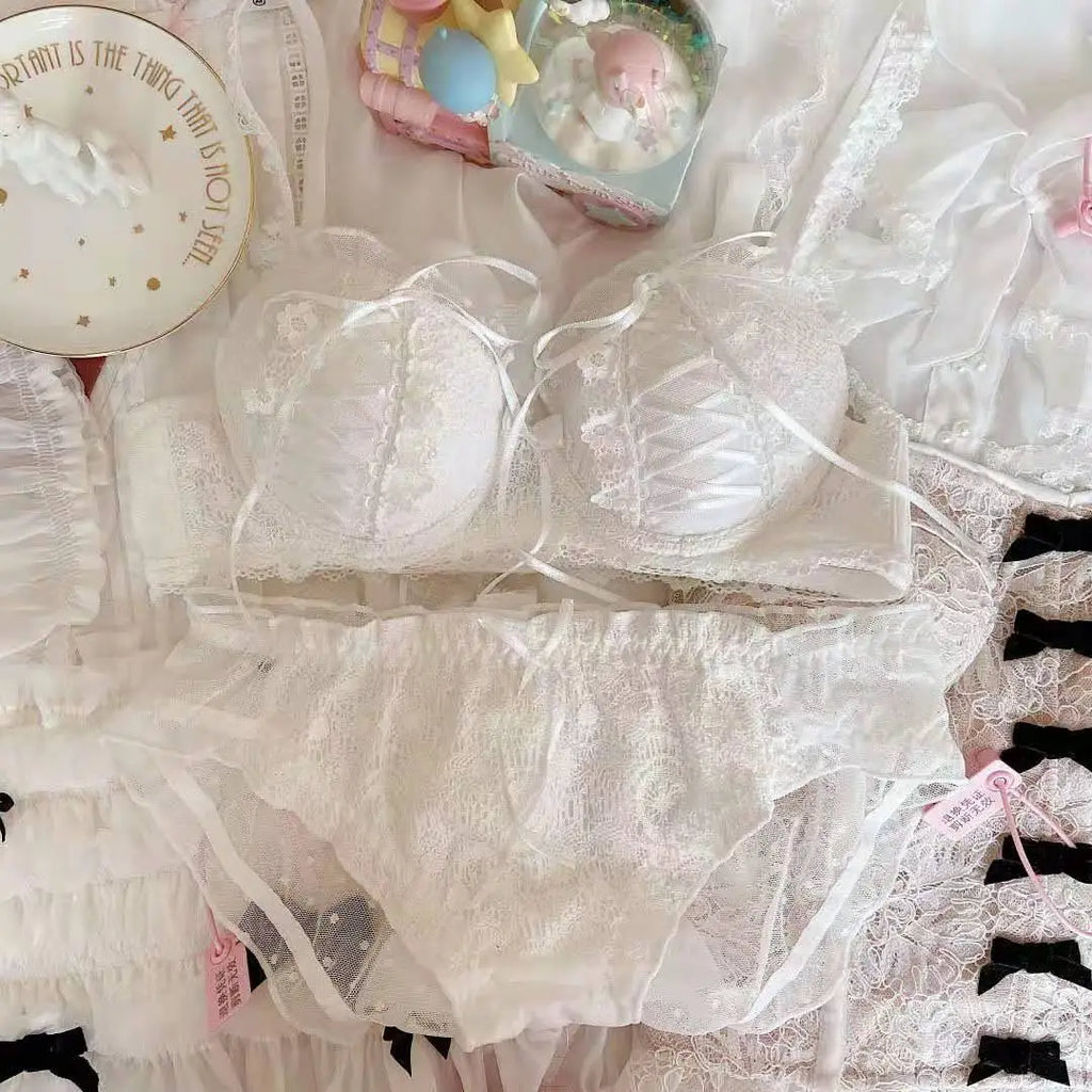Lolita Girls Lace Padded Bra Sets Women Underwear Intimates Bralette Lingerie Japanese Ruffled Sweet Sexy Thin Cup Panties