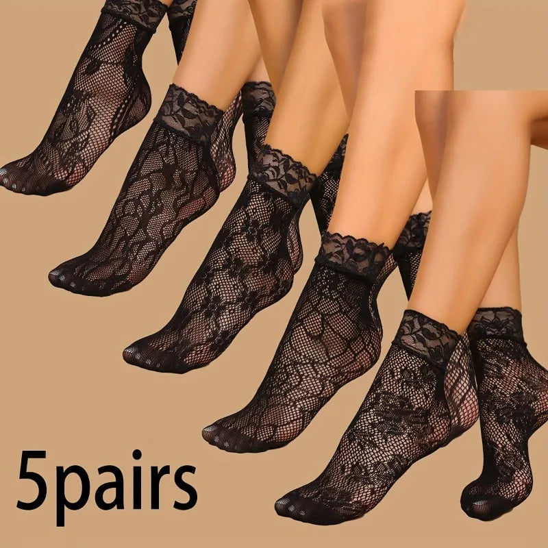5 Pairs Floral Lace Socks Thin Breathable Short Socks Summer Mesh Lolita Fishing Net Women's Stockings Hosiery