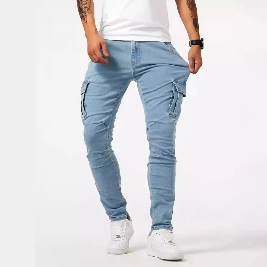 Men's street stretch denim jeans, washed solid color multi pocket work pants, casual slim fit, daily wear, jogging pants, mid wa