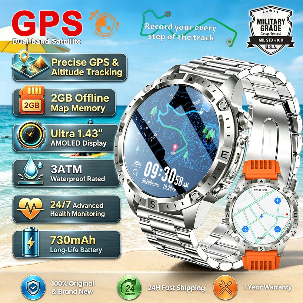 Smart Watch for Men GPS Offline Maps 2G ROM 10ATM Waterproof Heart Rate Diving Skiing Hiking Rugged Durable Smartwatch Men Women