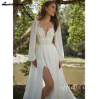 Lakshmigown Chiffon Beach Wedding Dress 2026 Beading Lace Full Sleeves V-neck Appliques Wedding Gown Bridal Gowns Customized