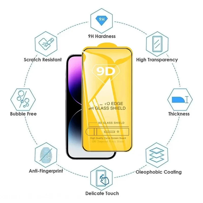 9D Screen Protector Tempered Glass for iPhone 17 16 Pro Max 16e 15 14 13 12 11 Protective Glass for iPhone X XR XS Max 7 8 Plus