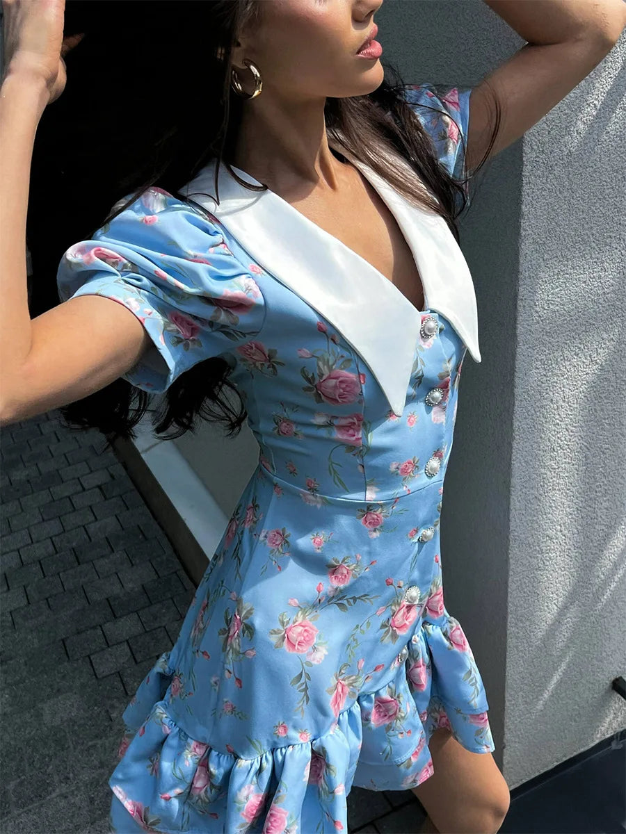 Tossy Printed Lapel Fashion Mini Dress Women's Short Sleeve Patchwork Contrast Elegant Summer Dress 2025 Female Bodycon Dress