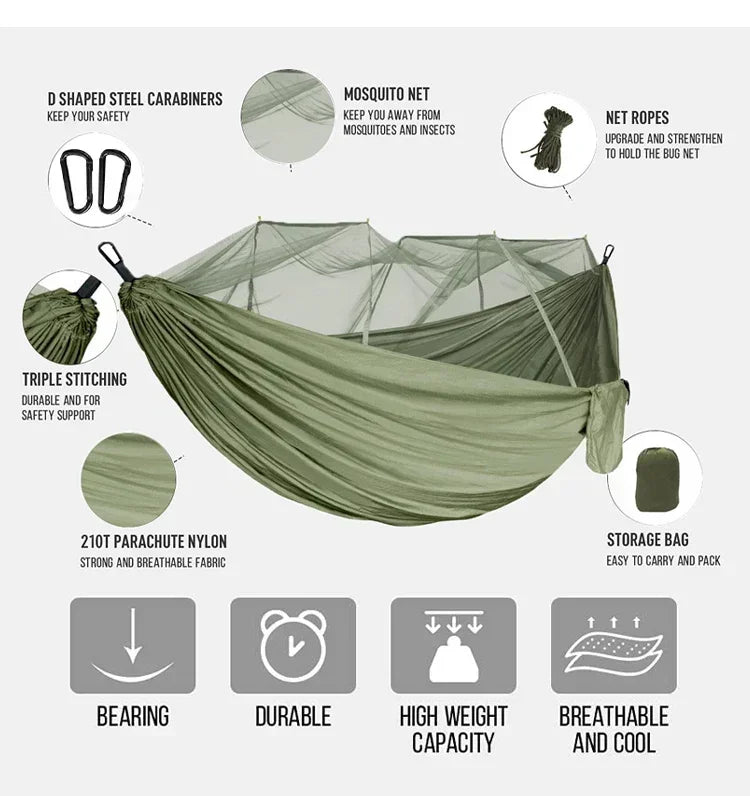 260x140cm Camping Hammock Double Size Parachute with Mosquito Net Rain Fly Tarp Lightweight for Hiking Travel