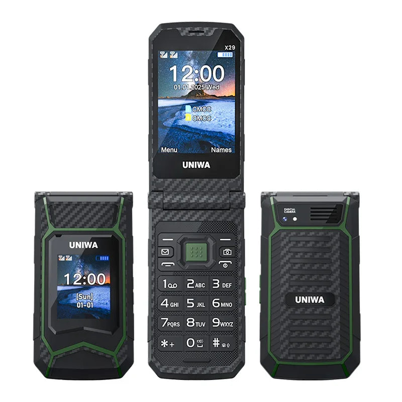 UNIWA X29 GSM Flip Phone 2.8 Inch Double Screen Dual SIM Big Font Big Button For Senior 2000mAh Wireless Radio  Russian Keyboard