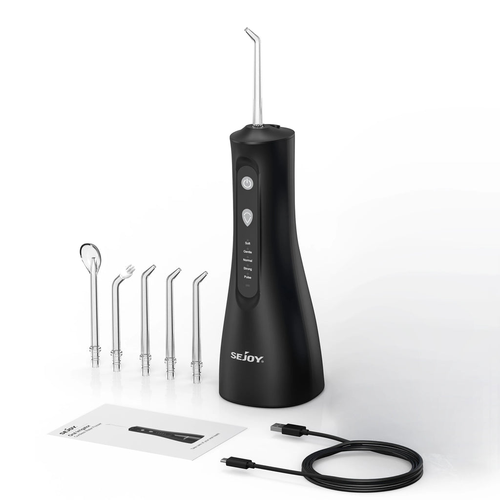 SEJOY Portable Electric Water Flosser Irrigator Dental Teeth Whitening strips 350ML Tank 5 Modes 5 Jet Tips For Home Travel