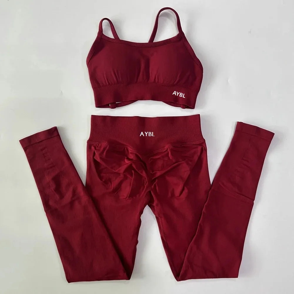 AYBL Yoga Set Seamless Yoga Set 2 Pieces Women Workout Set Scrunch Leggings Backless Sports Bra Fitness Top Gym Pants Clothes