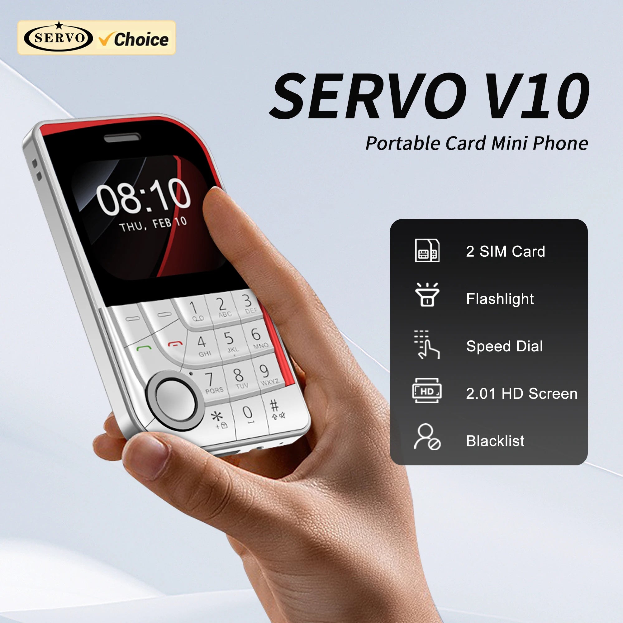 SERVO V10 Card Phone 2.01" Display 2G GSM Dual SIM Standby MP3/MP4 Magic Voice Speed Dial Torch Button Small Cellular Telephones Main image