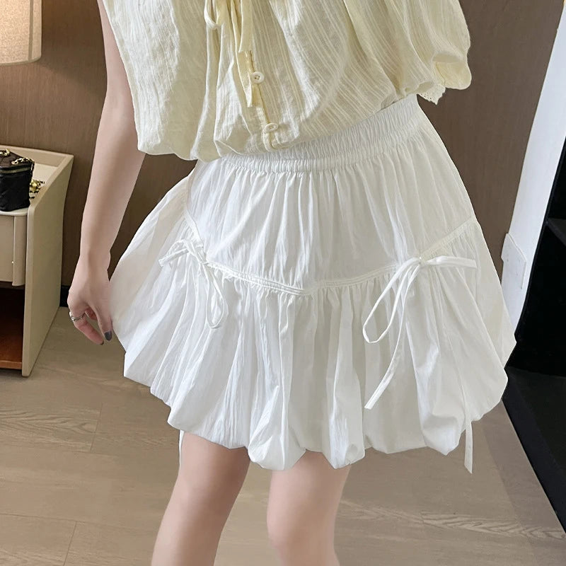 Sweet Bow Pleated Fluffy Skirts for Women Summer Korean Style Elastic Waist Lantern Skirt Woman Loose White A-Line Short Skirts Secondary image