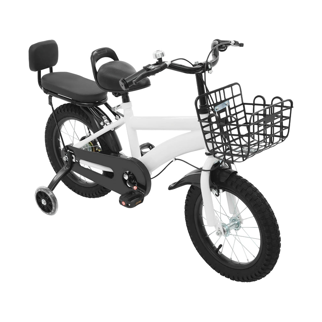 14" Kids Bike Adjustable Children's Bicycle Load 60kg w/Training Wheels+Basket+Backrest Rear Seat for 3-7 Year Old (White/Black)