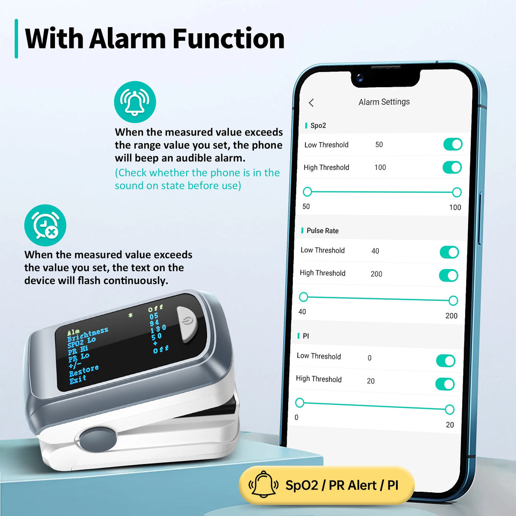 HealthTree Finger Pulse Oximeter Blood Oxygen Saturation SpO2 PI Oximetro De Dedo Pulsioximetro Oxymeter Bluetooth APP Control