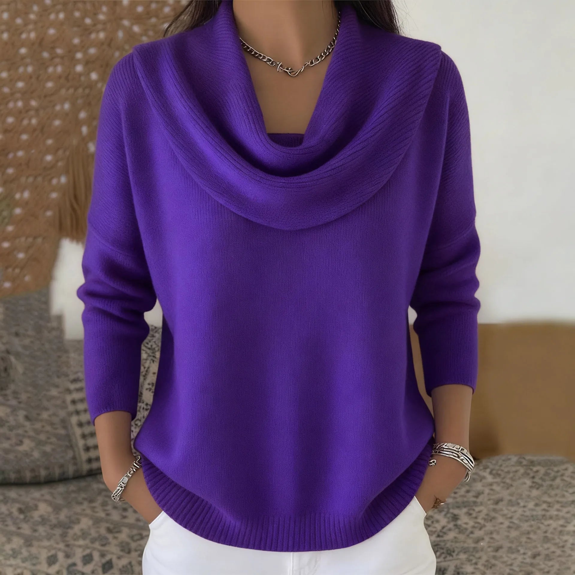 Women's New Draped Neck Pullover Sweater, Simple & Elegant Round Neck Knit Top, Suitable for Spring, Autumn and Winter