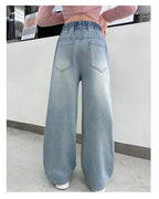 New 4-14 Years Spring Autumn Teenage Girls Jeans Full Print Bow Embroidery Fashion Wide-leg Denim Pants For Kids