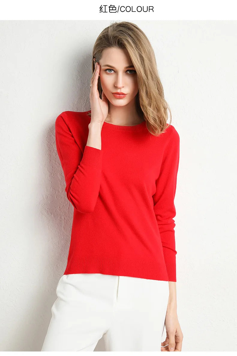 Women Slim O-Neck Pullover Cashmere Wool Blending Sweater Autumn And Winter Long-Sleeved Knit Bottoming Shirt Large Size 2024
