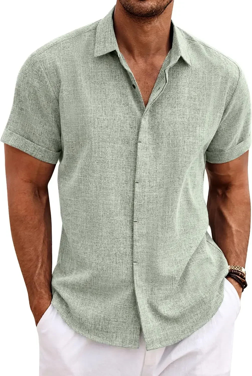 Men's Fashion Casual Solid Color Shirt Pullover Button Linen Cotton Comfortable Daily Top Short Sleeve Shirt Beach Summer Shirt Main image