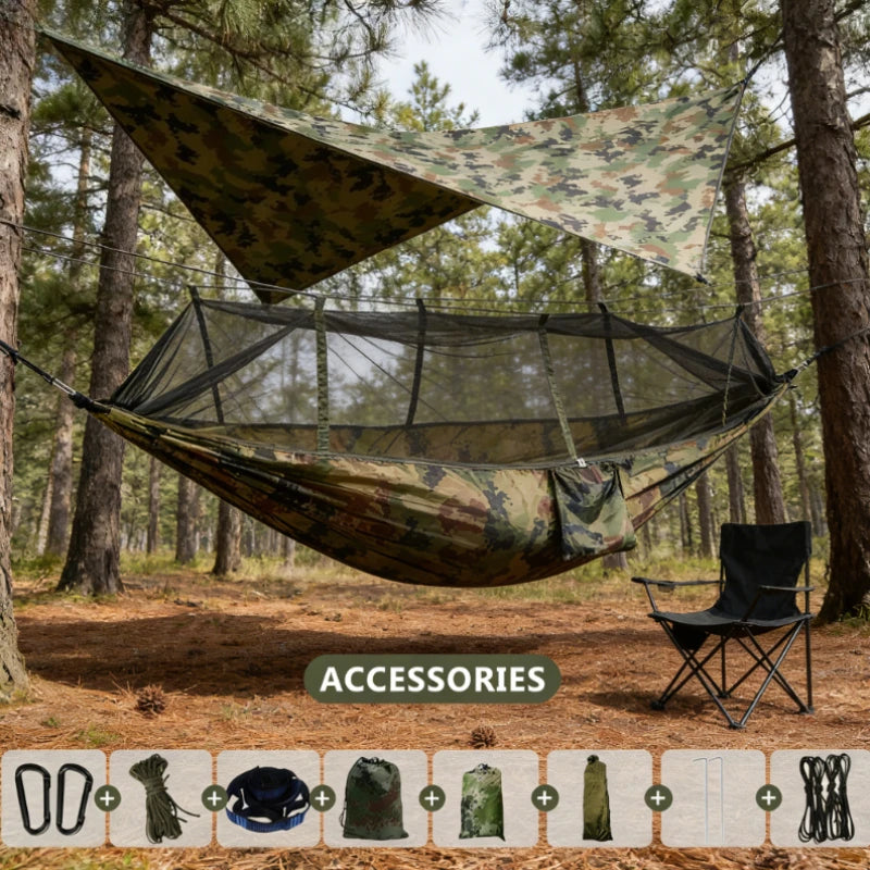 260x140cm Camping Hammock Double Size Parachute with Mosquito Net Rain Fly Tarp Lightweight for Hiking Travel