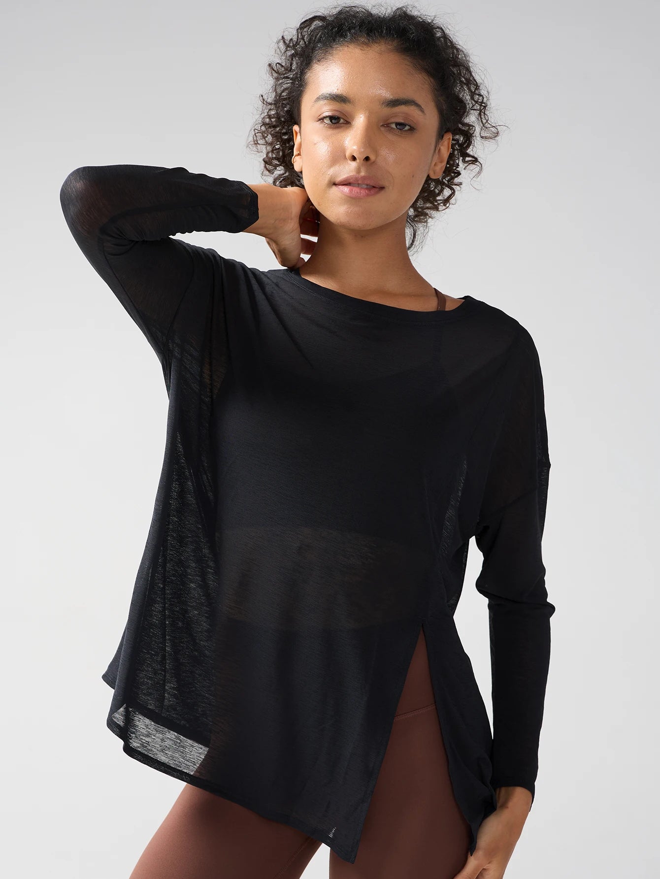 Fashion Women's Breathable Loose Quick Drying Long Sleeve Yoga Shirts Slimming Side Slits Leisure Running Fitness Cycling Tops Main image