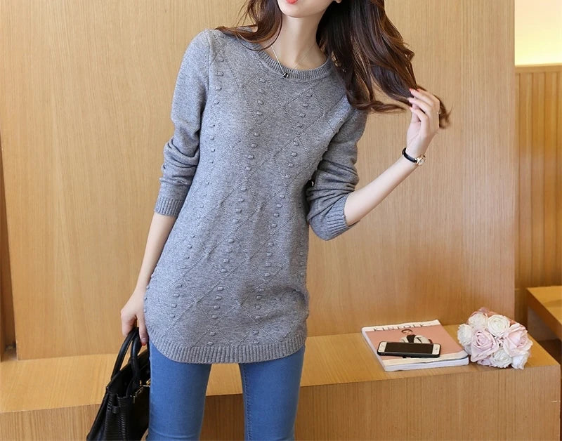 Knitted Jumper Autumn Winter Tops O-neck Long Sleeve Pullovers Casual Warm Women's Sweaters Midi Long Slim Sweater Girls