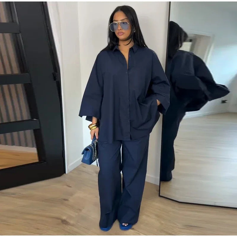 Women Solid Lapel Full Sleeves Pant Suits Chic Single Breasted Wide-leg Long Pants Sets 2026 Lady  Casual Daily Loose Fit Outfit