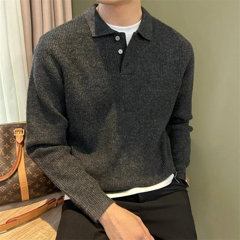Winter Men's Solid Color Polo Neck Knitted Sweaters Casual Retro Warm Pullovers Knitwear Elegant Y2K Streetwear Jersey Hombre