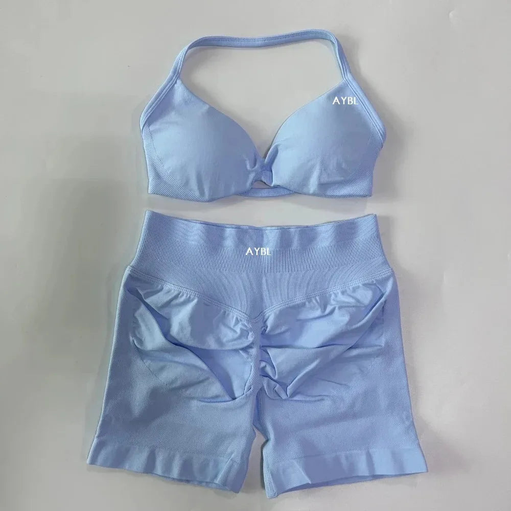 AYBL 2PCS Yoga Set Gym Set Women Strappy Yoga Bra Top High Waist Workout Scrunch Shorts Sports Suit Seamless Yoga Set Fitness