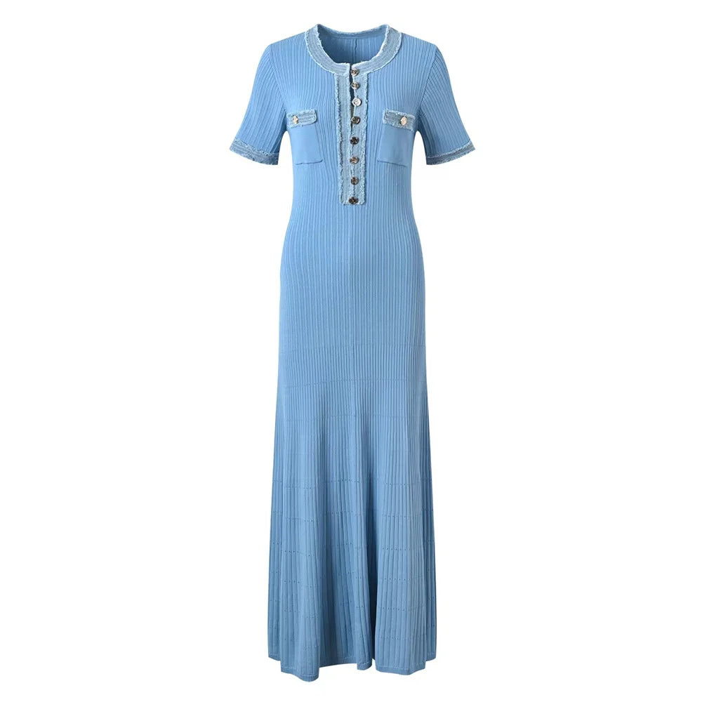 Elegant Contrasting Women Knit Maxi Dress Chic O-neck Short Sleeve Metal Buttons Bodycon Dresses Office Lady Commuting Robe