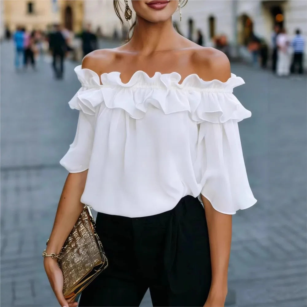 Fashion Ruffled Sexy One Shoulder Women's Short Sleeve Shirt Summer New Casual Loose Tops Female Elegant Versatile Office Shirt Secondary image