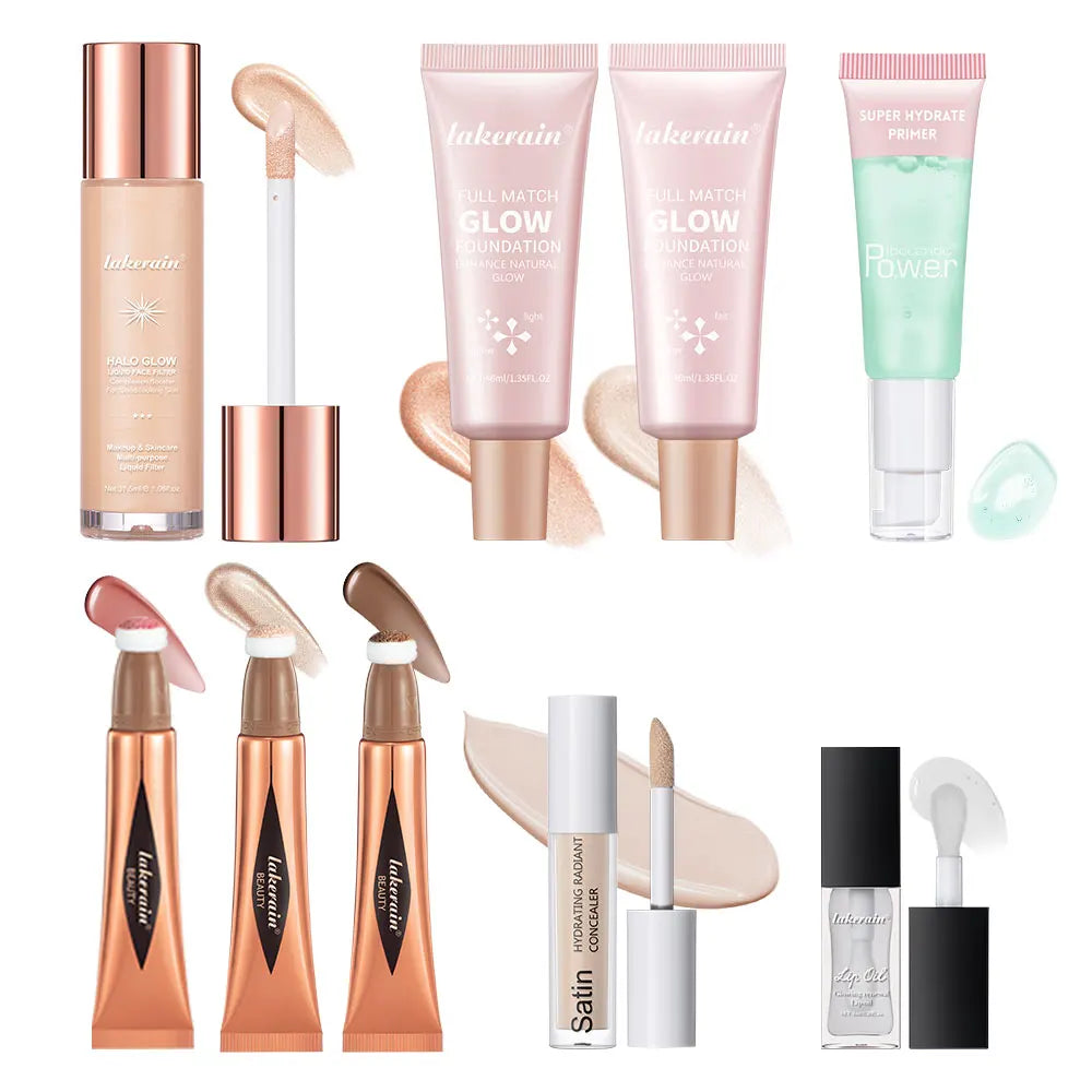 Makeup Set Beginner Kit Foundation Base Moisturizing Concealer Moisture Lip Gloss Highlighter Stick & Blush Face Makeup Sets Gif