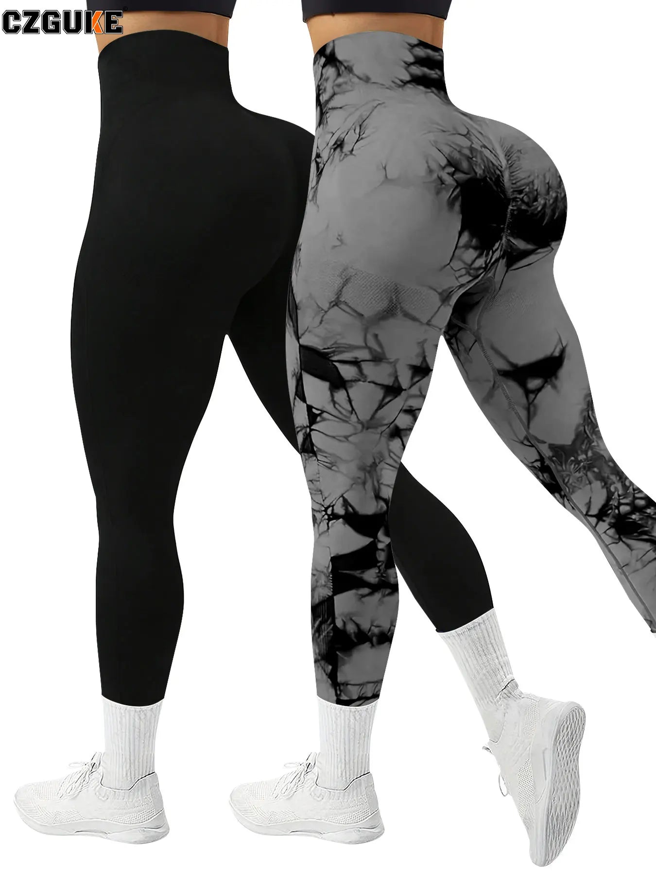 CZGUKE 2-piece women's tie dye pants sports leggings seamless high waisted push ups women's fitness and exercise clothes