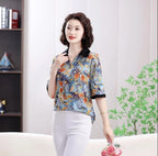 Summer half sleeve Shirt Fashion Commute All-match Ice Silk Printed Button Loose Women's Blouses Top