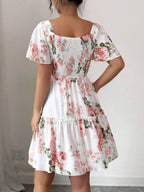 Women Floral Print Sashes Ruffle Hem Short Sleeve Casual Dress, Vacation Style Women's Evening Dresses