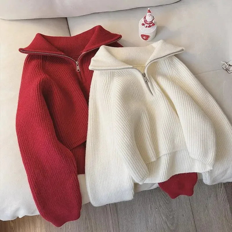 Half Zip Collar Sweater Women Pullovers Soft Knitted Long Sleeve Short Jumper Fall Winter Teen-girl Korean Fashion Outfit