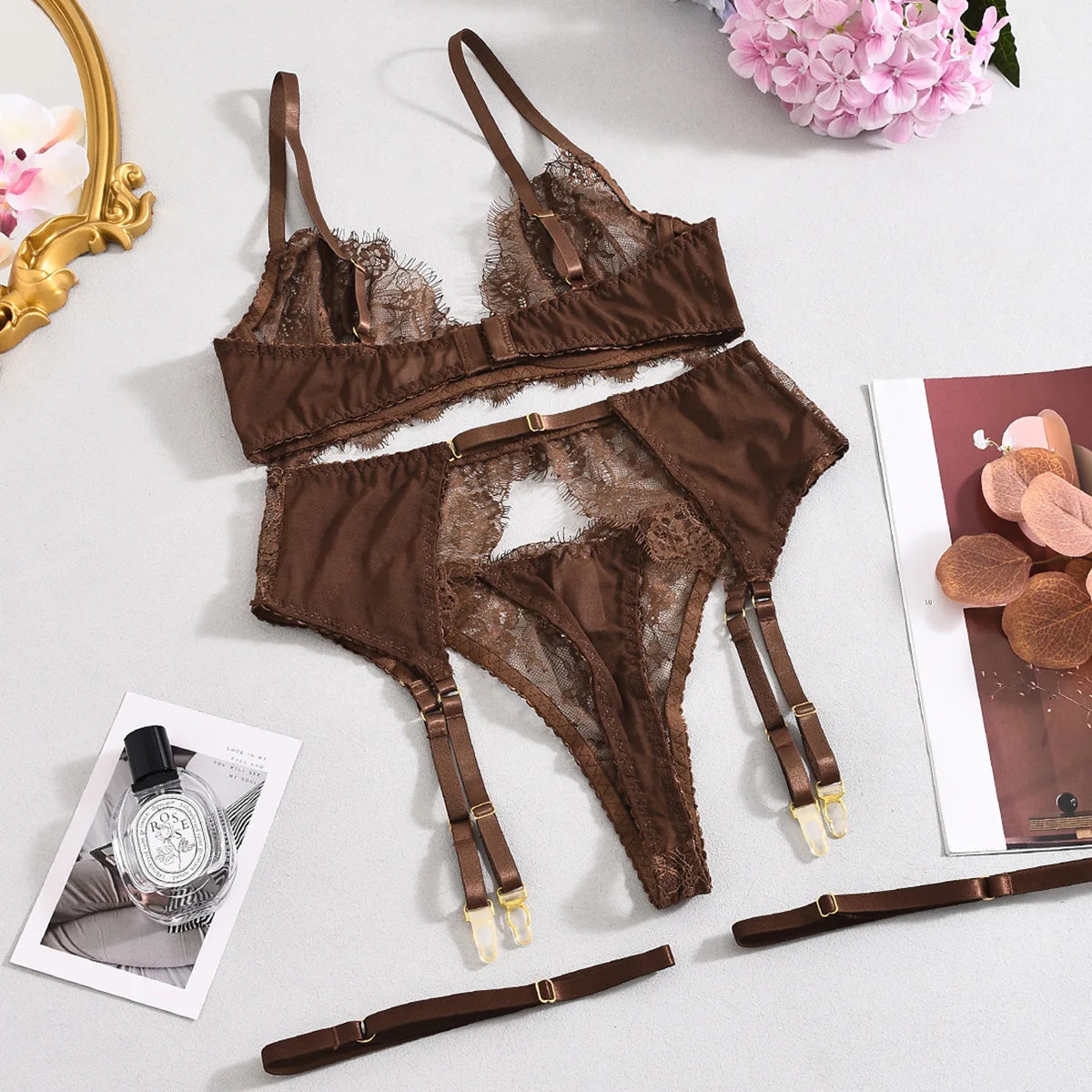 Elegant Lingeries Sexy Hot Exclusive Coffee Bra Belt Thong 3PC with Leg Circles Cute Intimate Lace Tempted Tipsy Set